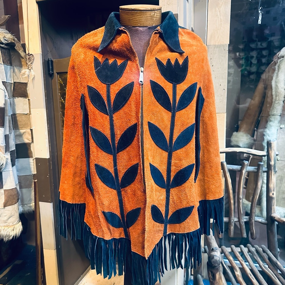 Vintage 60s/70s Suede Leather Orange and Blue Flower Pattern Fringe Poncho/Cape